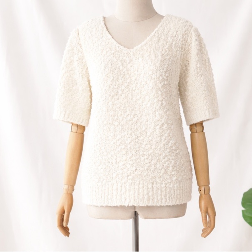 Vintage 80's Evian Knobby Sweater V-Neck Women Short Sleeved Sweater